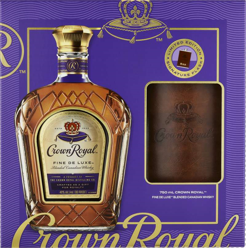 Crown Royal Fine De Luxe Blended Canadian Whisky with Leather Wrapped Flask - 750mL.png