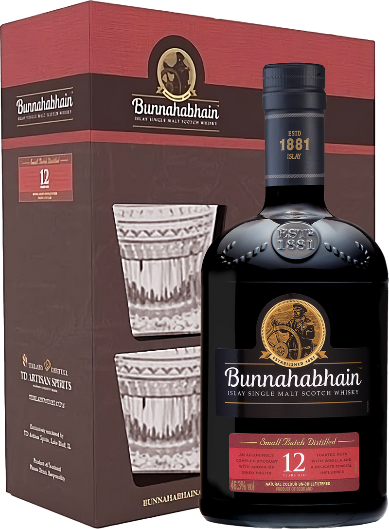 ウイスキー Bunnahabhain 12 Year Old 700ml Bunnahabhain 12 Year Old Single Malt Scotch Whisky With Glasses