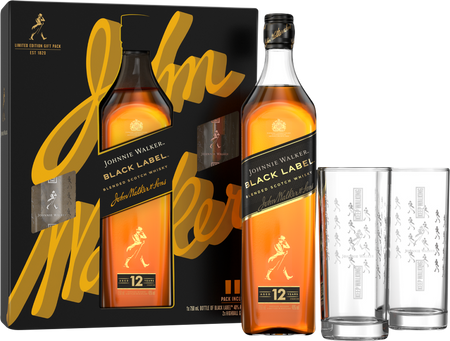 Johnnie Walker Black Label 12 Year Old Blended Scotch Whisky with Glasses