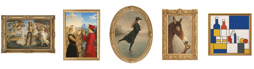 Five framed artworks from the Museum of Flaviar exhibition